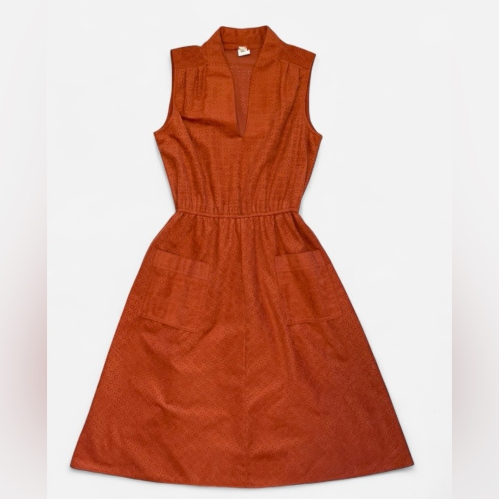 VTG Union Made Sleeveless Brown Midi Dress With Front Pockets Size 8